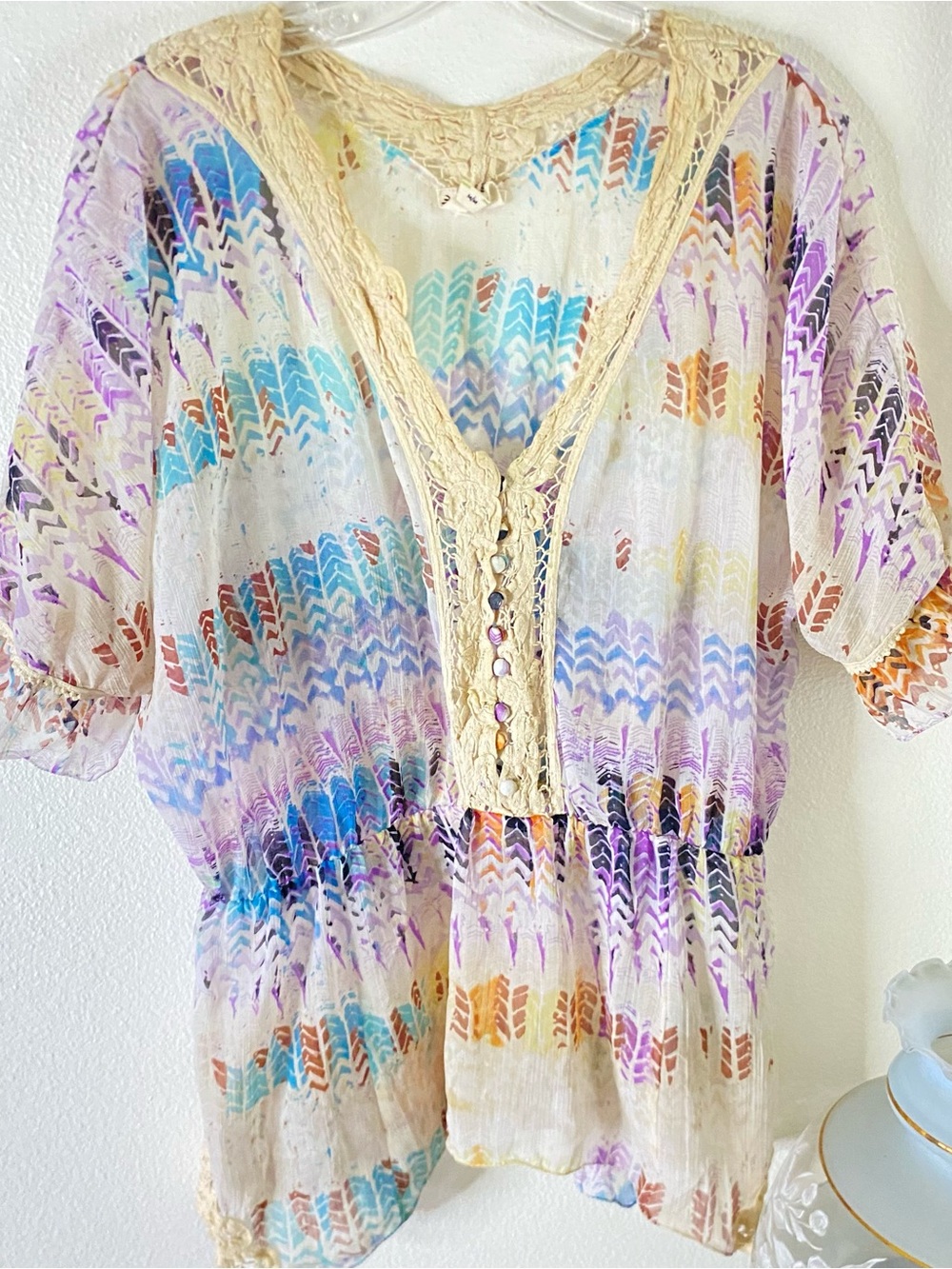 Free People Cream Multi-Color Lace Trim Peasant Blouse